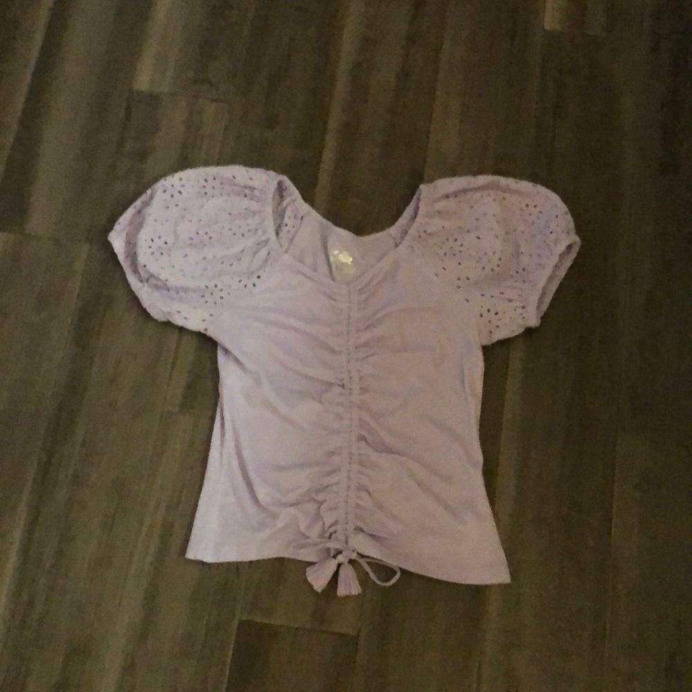 Purple Glittery puffy sleeve shirt that is adaptable to size or style preference